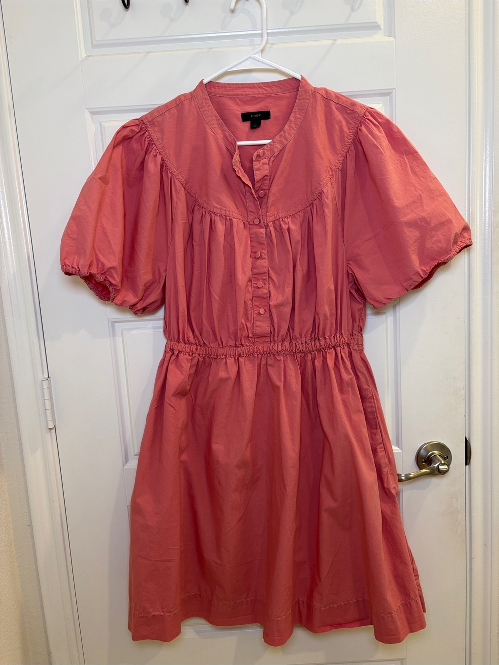 J.Crew Coral Cotton Puff Sleeve Mini Dress Large Button Front Pockets